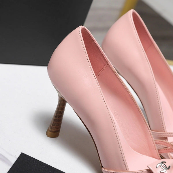 CC 2026 Bow Strappy High-Heeled Peep Toe Sandals Pink Cowhide 758433