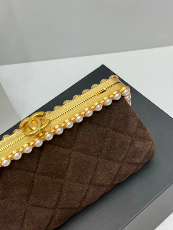 Chanel 2026 Pearl Clutch Brown Gold Velvet Leather