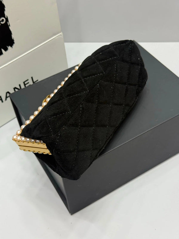 Chanel 2026 Pearl Clutch Black Gold Velvet Leather