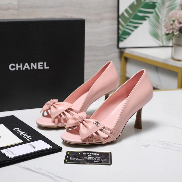 CC 2026 Bow Strappy High-Heeled Peep Toe Sandals Pink Cowhide 758433