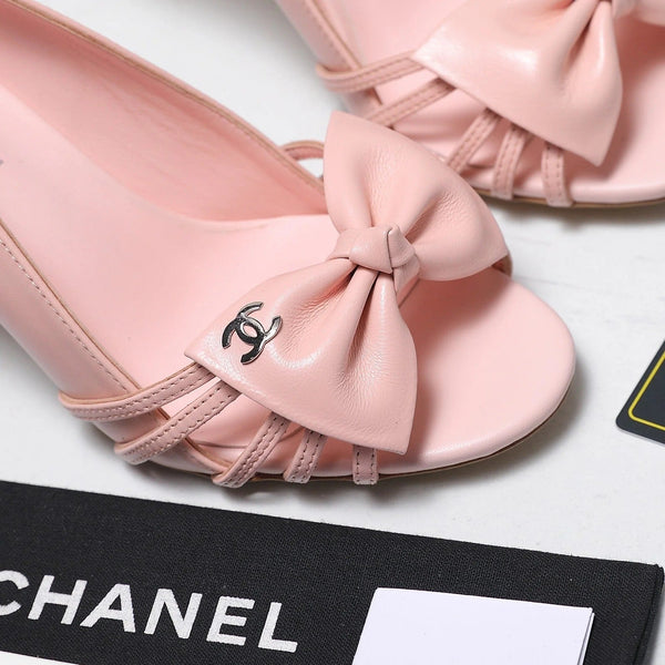 CC 2026 Bow Strappy High-Heeled Peep Toe Sandals Pink Cowhide 758433