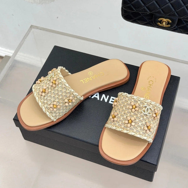 CC 2026 Sandales plates Tressé en tweed Peau de mouton