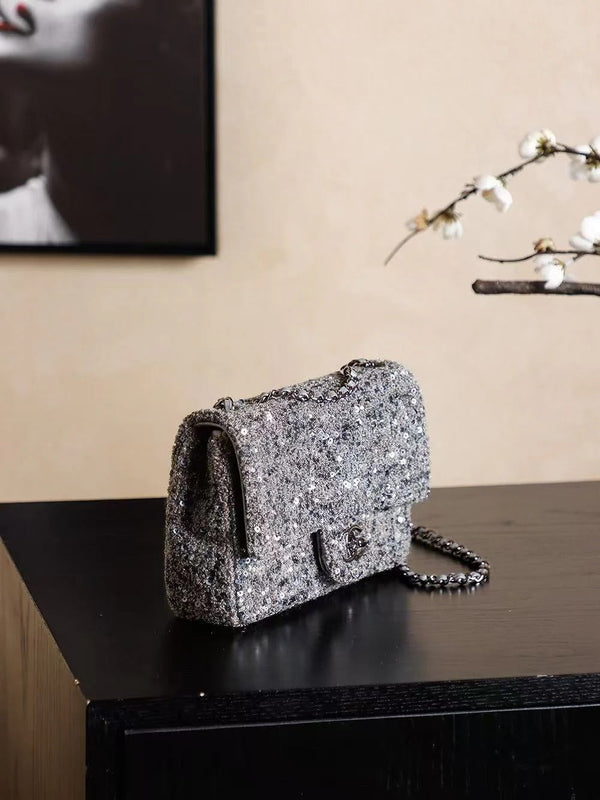 Chanel 2026 Flap Bag 21cm Silver Gray Chevron Sequin