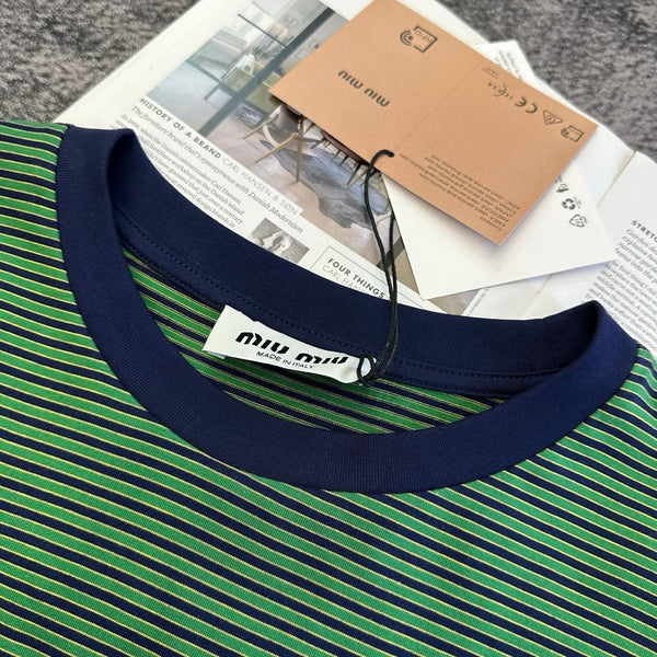 Miu 2026 Striped Long-sleeved Shirt Green Mix Blue Cotton 420187