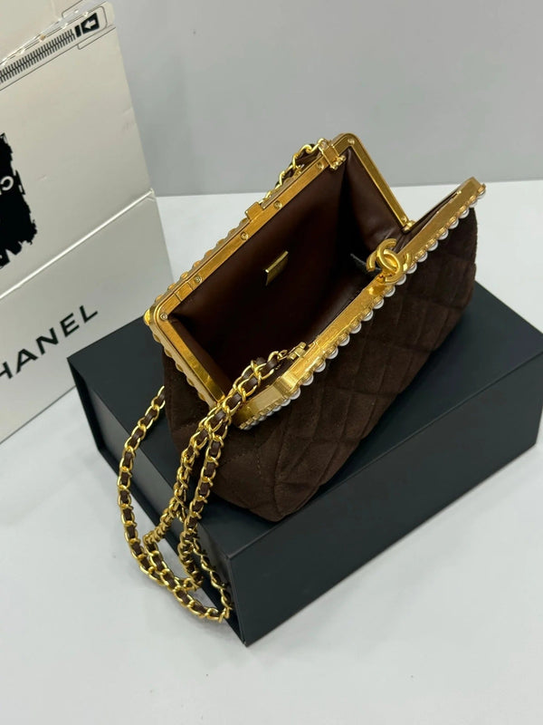 Chanel 2026 Pearl Clutch Brown Gold Velvet Leather