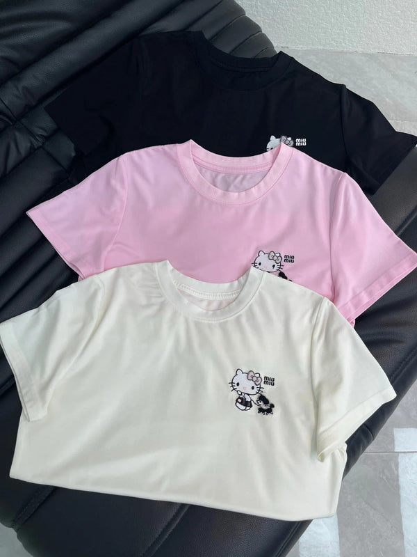 T-shirt à manches courtes brodé Miumiu 2026 Hello Kitty en coton 346491