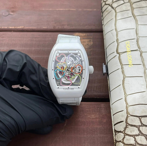 Franck Muller Vanguard 32mm Multicolor Heart Dial White Crocodial Leather