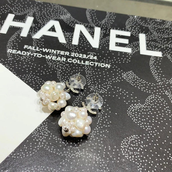 Chanel 2026 Silver Double C Pearl Flower Earrings