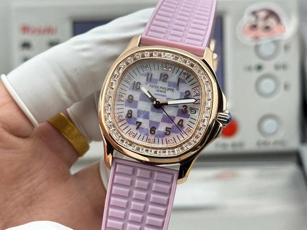 Patek Philippe Aquanaut 36mm Pink Gold Case Diamond Dial Light Purple Rubber Strap
