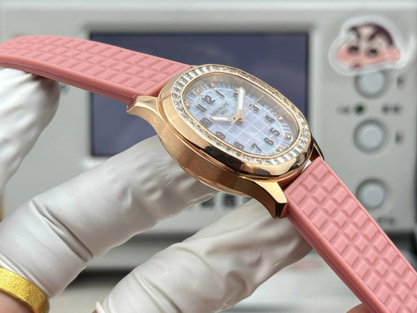 Patek Philippe Aquanaut 36mm Pink Gold Case Diamond Dial Pink Rubber Strap