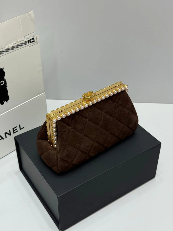 Chanel 2026 Pearl Clutch Brown Gold Velvet Leather