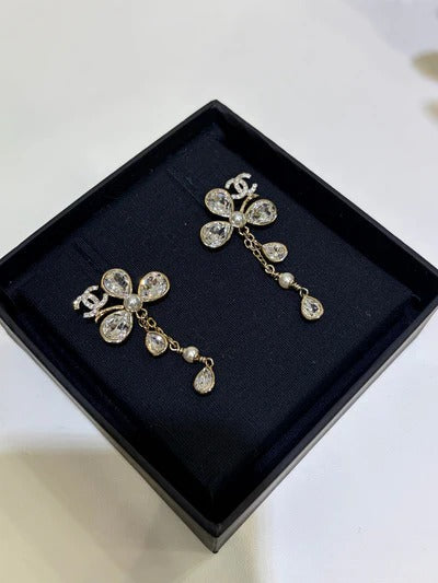 Chanel 2026 Gold Full Diamond Double C Lucky Clover Crystal Earrings