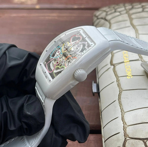 Franck Muller Vanguard 32mm Multicolor Heart Dial White Crocodial Leather