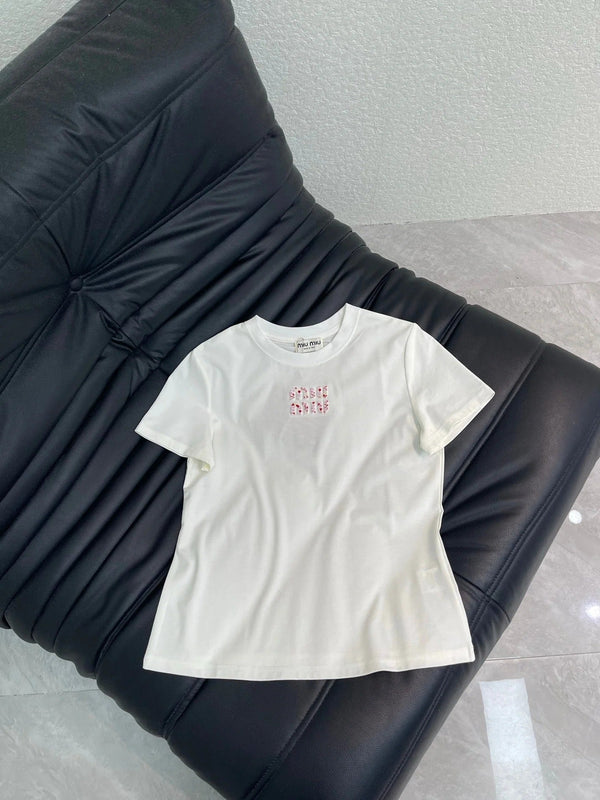 T-shirt en coton Miumiu 2026 à manches courtes brodé cœur 345844