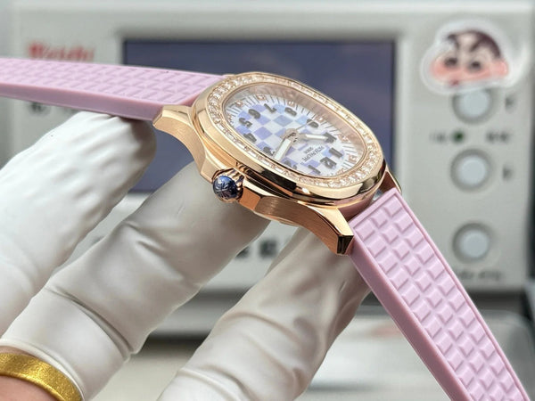 Patek Philippe Aquanaut 36mm Pink Gold Case Diamond Dial Light Purple Rubber Strap