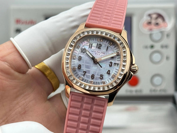 Patek Philippe Aquanaut 36mm Pink Gold Case Diamond Dial Pink Rubber Strap