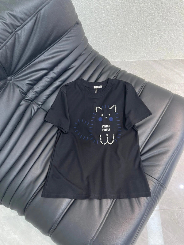 Miumiu 2026 T-shirt Manches Courtes en Coton Perlé Imprimé Chats et Résistant 343406