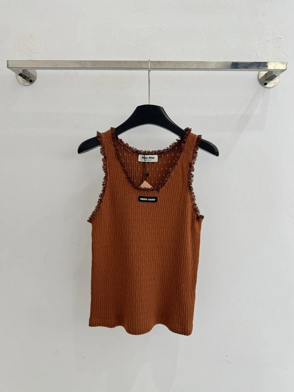 Miumiu 2026 Top à manches courtes en maille bordée de dentelle Tencel Laine 179450