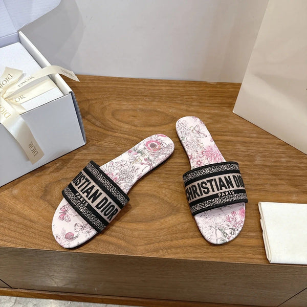 CD 26s Flower Flat Sandals Canvas Cowhide 685494