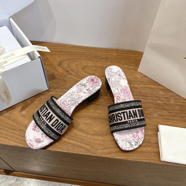 CD 26s Flower Flat Sandals 45 Canvas Cowhide 685487