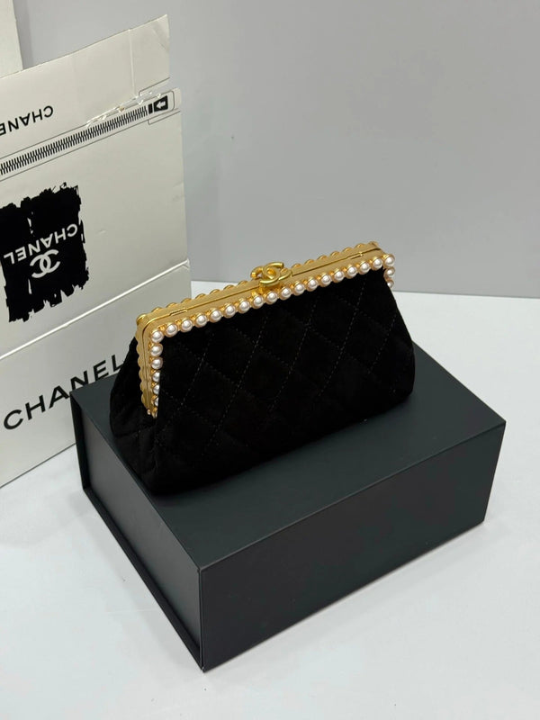 Chanel 2026 Pearl Clutch Black Gold Velvet Leather