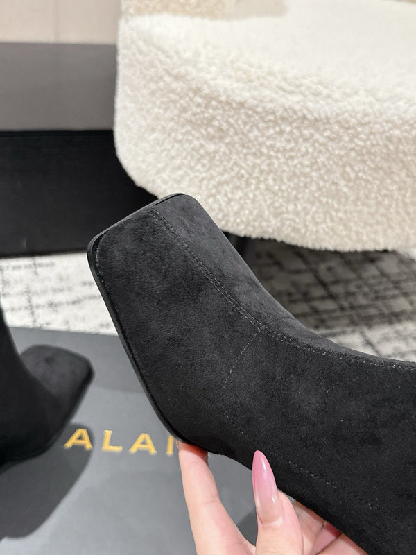 Alaia 2025 Square Toe High Heeled Ankle Boot Black Suede 558668