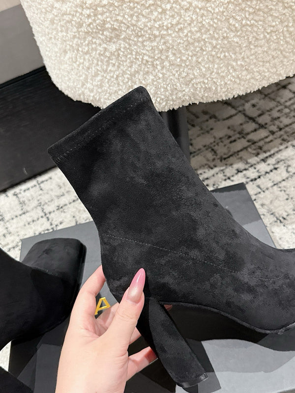 Alaia 2025 Square Toe High Heeled Ankle Boot Black Suede 558668