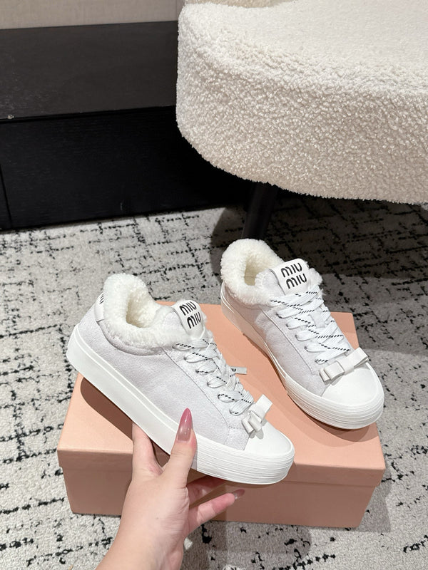 Miu 25 Small Bow Sneaker Gray White Suede Wool 541920