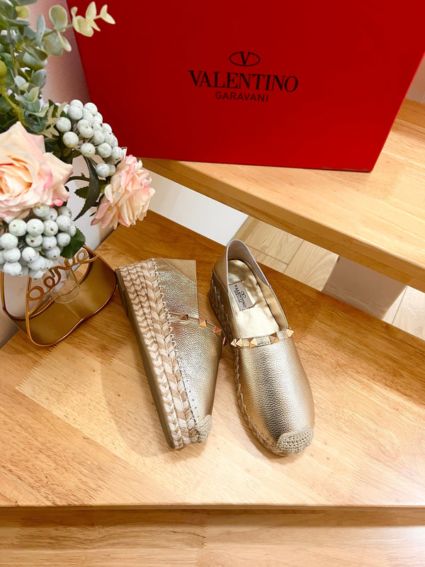 Valentino Rockstud Embellished Slip On Espadrille Silver Cowhide 240571