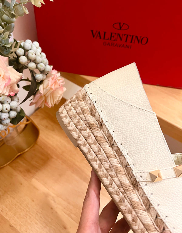 Valentino Rockstud Embellished Slip On Espadrille White Cowhide 240574