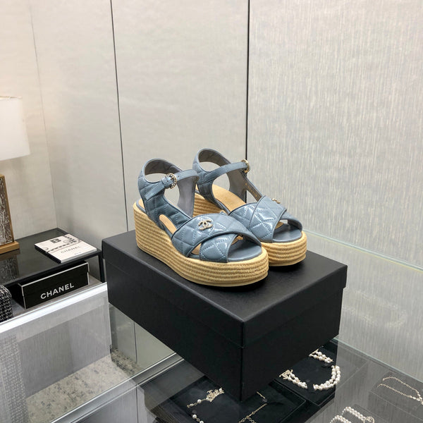 CC 26s Platform Wedge Sandals Denim Blue Quilted Leather 153750