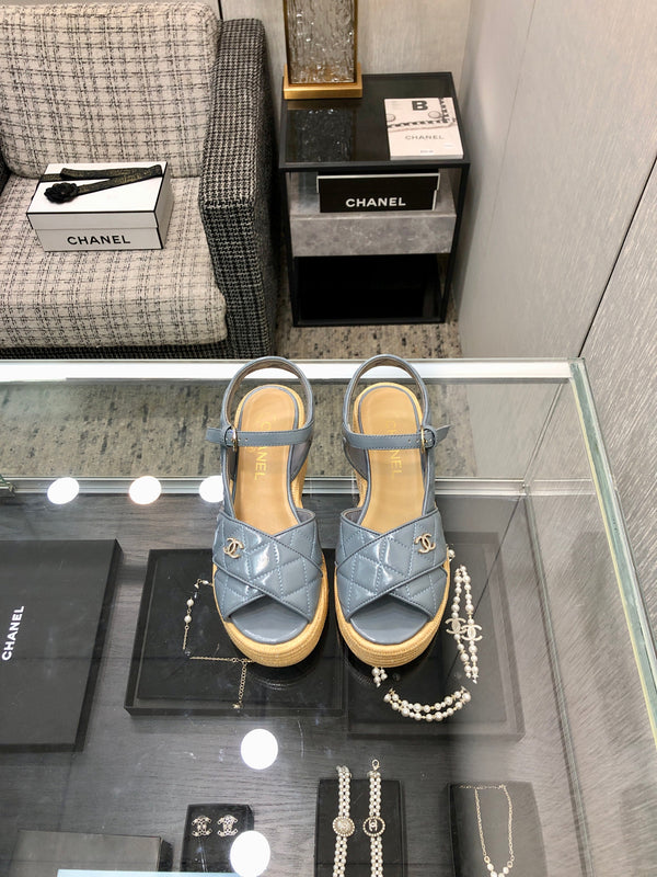 CC 26s Platform Wedge Sandals Denim Blue Quilted Leather 153750