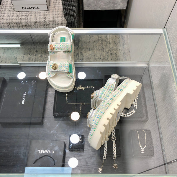 DAD SANDAL IN WHITE MIX PERSIAN GREEN TWEED FABRIC