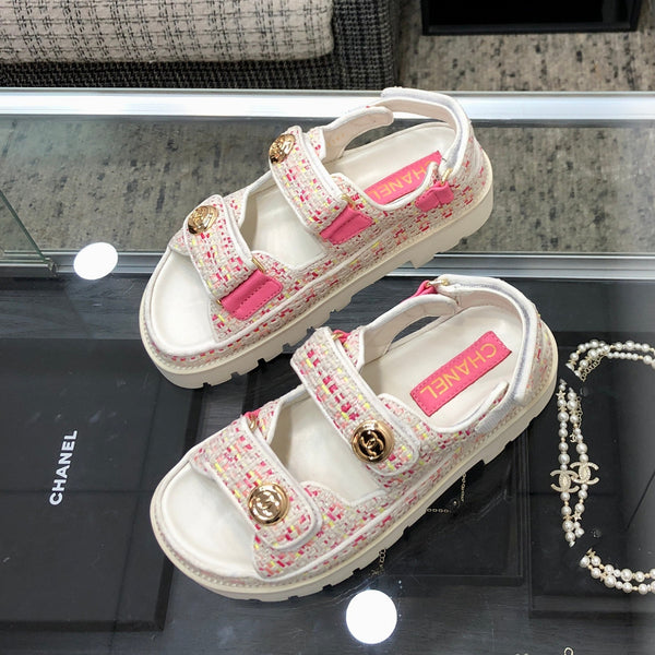 SANDALO DA PAPÀ IN TESSUTO TWEED BIANCO MIX ROSA BRILLANTE