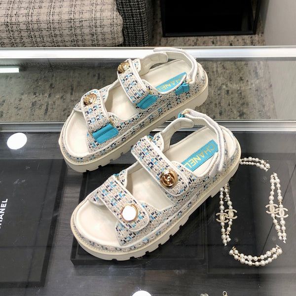 SANDALO DAD IN TESSUTO TWEED BIANCO MISTO AZZURRO