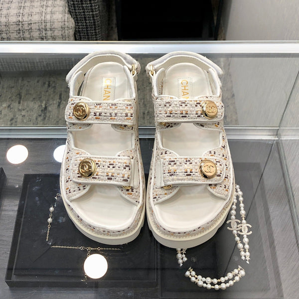 SANDALO DAD IN TESSUTO TWEED BIANCO MISTO ORO CHIARO