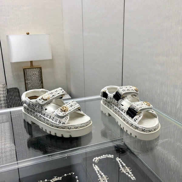 SANDALO DA PAPÀ IN TESSUTO TWEED BIANCO MISTO NERO