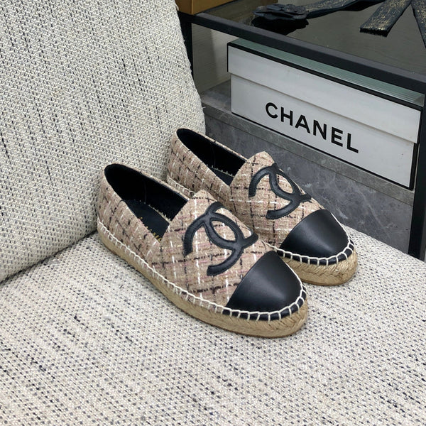 ESPADRILLE IN TESSUTO TWEED BEIGE CAMMELLO E PELLE DI VITELLO NERA