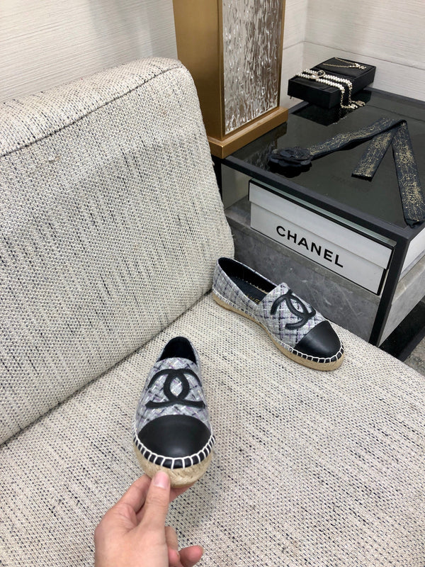 ESPADRILLE COLORFUL TWEED FABRIC AND BLACK CALFSKIN FLATS