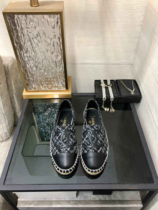 ESPADRILLE BLACK MIX WHITE TWEED FABRIC AND CALFSKIN FLATS