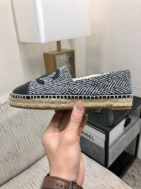 ESPADRILLE BLACK MIX WHITE TWEED FABRIC AND CALFSKIN FLATS 185046