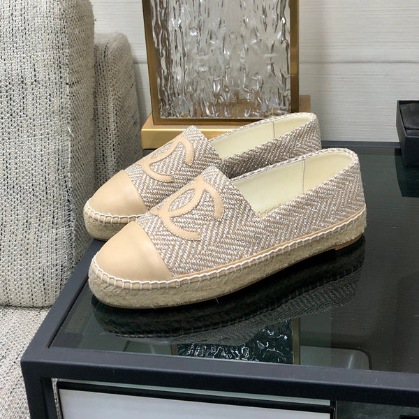 SCARPE BALLERINE IN TESSUTO TWEED BEIGE BISQUE E PELLE DI VITELLO