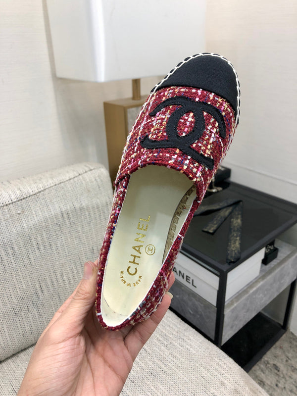 ESPADRILLE BLACK MIX CRIMSON RED TWEED FABRIC FLATS