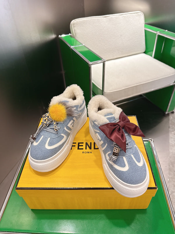 Fendi 2025 Baskets compensées Match Tissu Denim Laine Bleu Blanc 562583