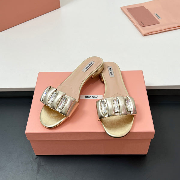Miu 10mm Slipper with diamonds gold leather 223450