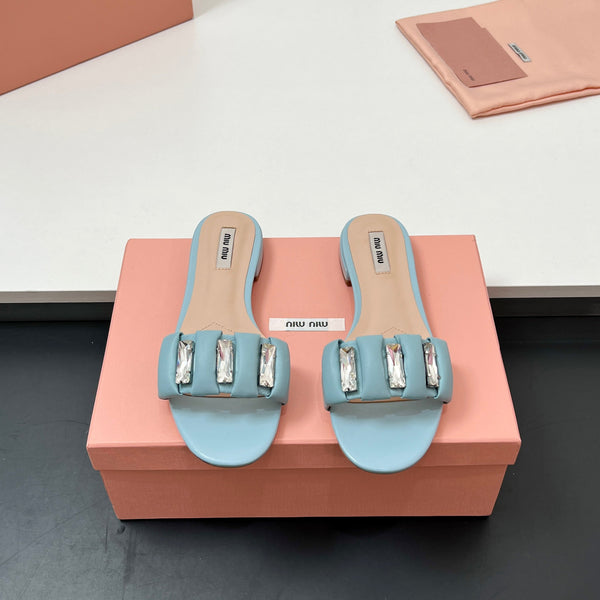 Miu 10mm Slipper with diamonds tiffany blue leather 223452