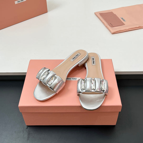 Miu 10mm Slipper with diamonds silver leather 223453