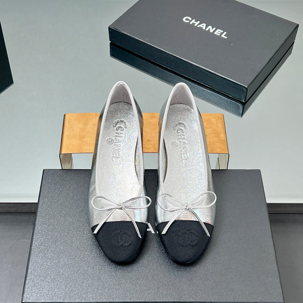 CC Ballet Flats 20mm Silver Metallic Sheepskin Black Grosgrain 266677