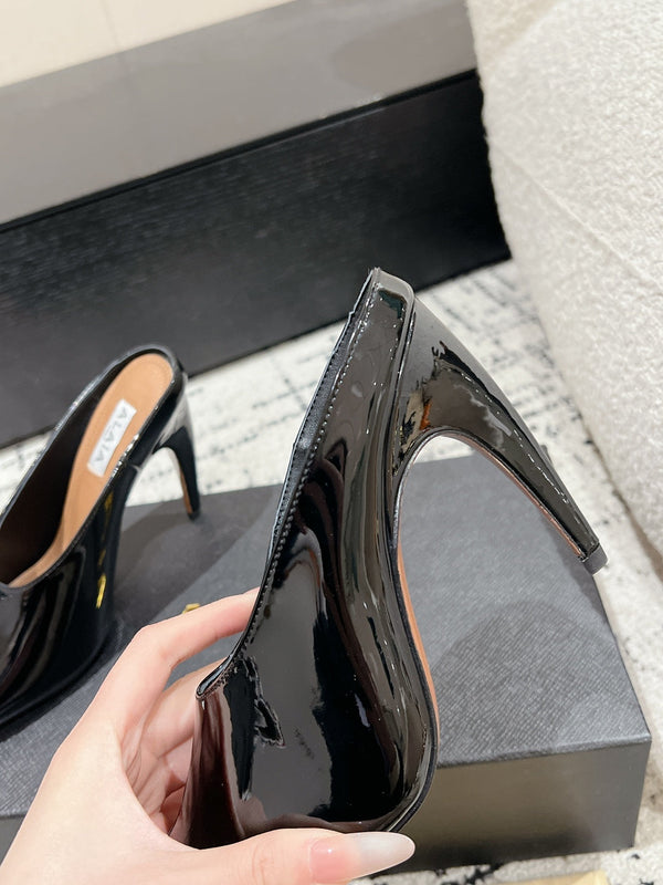 Alaia 25 Spike High Heel Mules Glossy Black Lampskin 293184