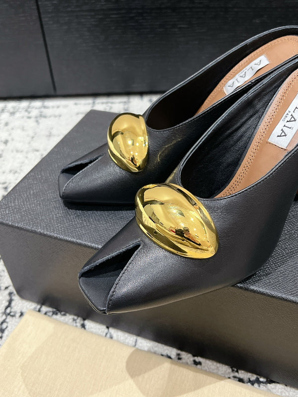 Alaia 25 Azzedine High Heels Mules With Gold Hardware Black Calfskin 293185